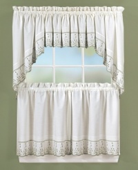 With crafted details and sweet vintage style, Abby window treatments set the scene in your kitchen for quaint country meals. Tailored tiers feature mini pleats, scalloped edges and delicate vines embroidered in three soothing hues. With crafted details and sweet vintage style, Abby window treatments set the scene in your kitchen for quaint country meals. Tailored tiers feature mini pleats, scalloped edges and delicate vines embroidered in three soothing hues.