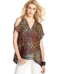 A neon animal-print, cutouts & pom-pom trim add party appeal to this Andrew Charles top -- perfect for statement style! A neon animal-print, cutouts & pom-pom trim add party appeal to this Andrew Charles top -- perfect for statement style!