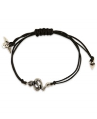Sink your teeth into fierce fashion. This RACHEL Rachel Roy bracelet showcases a snake charm with glass stone accents. An adjustable waxed cotton cord holds it all together. Set in silver tone mixed metal. Approximate diameter: 1 inches. Adjustable from 1 inch to 7-1/4 inches. Sink your teeth into fierce fashion. This RACHEL Rachel Roy bracelet showcases a snake charm with glass stone accents. An adjustable waxed cotton cord holds it all together. Set in silver tone mixed metal. Approximate diameter: 1 inches. Adjustable from 1 inch to 7-1/4 inches.
