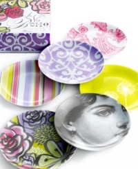 Rosanna puts a modern twist on tradition in artfully eclectic La Vie Boho dessert plates. A pretty face and patterns from every era adorn porcelain that's both sleek and sturdy. A beautiful box makes the set a great gift, too! Rosanna puts a modern twist on tradition in artfully eclectic La Vie Boho dessert plates. A pretty face and patterns from every era adorn porcelain that's both sleek and sturdy. A beautiful box makes the set a great gift, too!