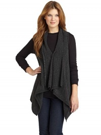 THE LOOKTextured dot designShawl collarSleevelessDraped front with safety pin closureAsymmetrical hemTHE FITAbout 38 from shoulder to hemTHE MATERIALNylon/acrylic/wool/viscose/spandexCARE & ORIGINHand washImportedModel shown is 5'9 (175cm) wearing US size Small. THE LOOKTextured dot designShawl collarSleevelessDraped front with safety pin closureAsymmetrical hemTHE FITAbout 38 from shoulder to hemTHE MATERIALNylon/acrylic/wool/viscose/spandexCARE & ORIGINHand washImportedModel shown is 5'9 (175cm) wearing US size Small.
