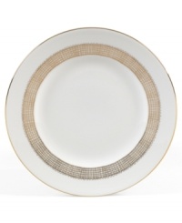 Like fine mesh ribbons, a crisscross of gold bands with platinum accents create this delightfully rustic dinnerware pattern. A beautiful way to bring homespun charm to formal events or exquisite style to every meal. Like fine mesh ribbons, a crisscross of gold bands with platinum accents create this delightfully rustic dinnerware pattern. A beautiful way to bring homespun charm to formal events or exquisite style to every meal.