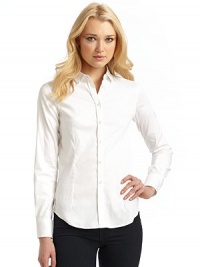 THE LOOKA shapely classic in a silky stretch cotton blendScaled-down spread collarLong sleeves with button cuffsButton front placketFront and back darts for gentle shapingBack yokeTHE FITAbout 23 from shoulder to hemTHE MATERIAL78% cotton/18% nylon/4% elastaneCARE & ORIGINHand washImportedModel shown is 5'9½ (176cm) wearing US size Small. THE LOOKA shapely classic in a silky stretch cotton blendScaled-down spread collarLong sleeves with button cuffsButton front placketFront and back darts for gentle shapingBack yokeTHE FITAbout 23 from shoulder to hemTHE MATERIAL78% cotton/18% nylon/4% elastaneCARE & ORIGINHand washImportedModel shown is 5'9½ (176cm) wearing US size Small.