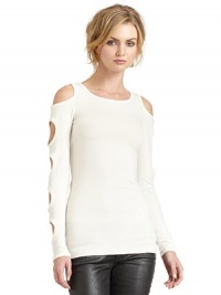 THE LOOKRoundneckLong sleeves with cutout detailsCutout shouldersUnfinished hemTHE FITAbout 33 from shoulder to hemTHE MATERIALRayon/spandexCARE & ORIGINDry cleanMade in USAModel shown is 5'10 (177cm) wearing US size Small. THE LOOKRoundneckLong sleeves with cutout detailsCutout shouldersUnfinished hemTHE FITAbout 33 from shoulder to hemTHE MATERIALRayon/spandexCARE & ORIGINDry cleanMade in USAModel shown is 5'10 (177cm) wearing US size Small.