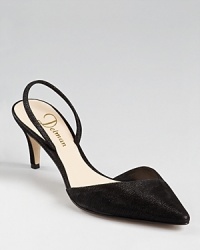 A dramatic pointed toe is paired with shimmering metallic leather for the ultimate in statement making footwear. From Delman. A dramatic pointed toe is paired with shimmering metallic leather for the ultimate in statement making footwear. From Delman.