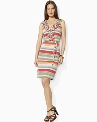 Imbued with breezy, warm-weather style and alternating stripes, the feminine Milly dress is crafted from soft stretch Pima jersey with a self-tie belt and airy ruffles at the placket for a flirty flair.