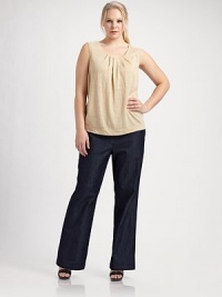 Delicate pleats shape the neckline of this lightweight linen design.Scoopneck Sleeveless Pullover style About 25 from shoulder to hem Linen; hand wash Imported Delicate pleats shape the neckline of this lightweight linen design.Scoopneck Sleeveless Pullover style About 25 from shoulder to hem Linen; hand wash Imported