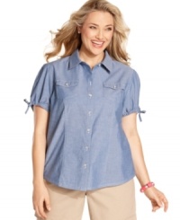 Add chic appeal to your weekend look with Karen Scott's short sleeve plus size shirt, crafted from lightweight chambray. Add chic appeal to your weekend look with Karen Scott's short sleeve plus size shirt, crafted from lightweight chambray.