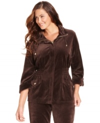 Lounge in the plush comfort of Charter Club's plus size anorak-styled jacket, crafted from ultra-soft velvet. Lounge in the plush comfort of Charter Club's plus size anorak-styled jacket, crafted from ultra-soft velvet.