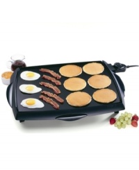 Cook breakfast for any size family on this enormous griddle! Super-sized and sturdy, it cooks up to 50 percent more than other jumbo griddles and can cook as many as 12 slices of French toast at once. Nonstick surface for easy cleaning and cooking. Features Control Master® heat control which maintains proper cooking temperature. Fully immersible when heat control is removed. Model #07046. One year warranty. Cook breakfast for any size family on this enormous griddle! Super-sized and sturdy, it cooks up to 50 percent more than other jumbo griddles and can cook as many as 12 slices of French toast at once. Nonstick surface for easy cleaning and cooking. Features Control Master® heat control which maintains proper cooking temperature. Fully immersible when heat control is removed. Model #07046. One year warranty.
