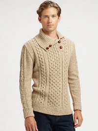 A striking, sophisticated cable-knit sweater is shaped in a luxurious lambswool blend, accented with faux-leather button detail at the collar.TurtleneckRibbed knit collar, cuffs and hem80% lambswool/20% polyamideDry cleanImported A striking, sophisticated cable-knit sweater is shaped in a luxurious lambswool blend, accented with faux-leather button detail at the collar.TurtleneckRibbed knit collar, cuffs and hem80% lambswool/20% polyamideDry cleanImported