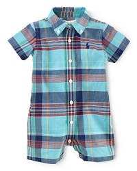A traditional button-down silhouette in airy woven cotton is converted into an adorable short-sleeved shortall for breathable comfort during the warmer months. A traditional button-down silhouette in airy woven cotton is converted into an adorable short-sleeved shortall for breathable comfort during the warmer months.