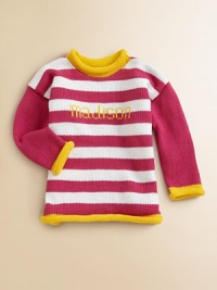 Stripes lend whimsy to this beautifully crafted pure cotton sweater perfect for girls and boys alike. A rolled neckline, hem and cuffs add small touches of contrast color. Rolled detailCottonMachine washMade in USAFOR PERSONALIZATION Select a quantity, then scroll down and click on PERSONALIZE & ADD TO BAG to choose and preview your personalization options. Please allow 4-6 weeks for delivery. Stripes lend whimsy to this beautifully crafted pure cotton sweater perfect for girls and boys alike. A rolled neckline, hem and cuffs add small touches of contrast color. Rolled detailCottonMachine washMade in USAFOR PERSONALIZATION Select a quantity, then scroll down and click on PERSONALIZE & ADD TO BAG to choose and preview your personalization options. Please allow 4-6 weeks for delivery.