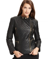 Calvin Klein's faux leather jacket is quilted, stitched and asymmetrically zipped to style perfection. Calvin Klein's faux leather jacket is quilted, stitched and asymmetrically zipped to style perfection.