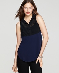Featuring bold color-blocking and delicate pintucks, this PJK Patterson J. Kincaid tank effortlessly transitions from summer to fall with the right layers. Featuring bold color-blocking and delicate pintucks, this PJK Patterson J. Kincaid tank effortlessly transitions from summer to fall with the right layers.