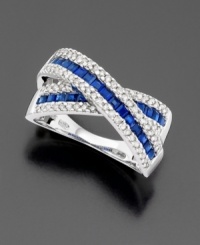 Princess-cut sapphires (1-1/3 ct. t.w.) and round-cut diamonds (3/8 ct. t.w.) combine for a breathtaking look. Set in 14k white gold. Princess-cut sapphires (1-1/3 ct. t.w.) and round-cut diamonds (3/8 ct. t.w.) combine for a breathtaking look. Set in 14k white gold.