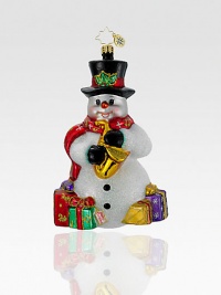 Individually hand-painted and glitter-dusted, Frosty dazzles the crowd with fine tunes and lots of charm. Hand-blownHand-painted4½ tallMade in Poland Individually hand-painted and glitter-dusted, Frosty dazzles the crowd with fine tunes and lots of charm. Hand-blownHand-painted4½ tallMade in Poland