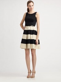 Unmistakably charming, this solid, sleeveless top is complemented by classic bust darts. The pleated, striped skirt offers a universally flattering silhouette.Round neckSleevelessBust dartsFull, pleated skirtBow belt includedAbout 38 from shoulder to hem97% cotton/3% Lycra®Dry cleanImported Model shown is 5'11 (180cm) wearing US size 4. Unmistakably charming, this solid, sleeveless top is complemented by classic bust darts. The pleated, striped skirt offers a universally flattering silhouette.Round neckSleevelessBust dartsFull, pleated skirtBow belt includedAbout 38 from shoulder to hem97% cotton/3% Lycra®Dry cleanImported Model shown is 5'11 (180cm) wearing US size 4.