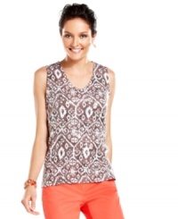 A striking ikat print is glammed up with clear sequins in this Charter Club tank top. Take it from day to night with slim, colorful pants and nude pumps! A striking ikat print is glammed up with clear sequins in this Charter Club tank top. Take it from day to night with slim, colorful pants and nude pumps!