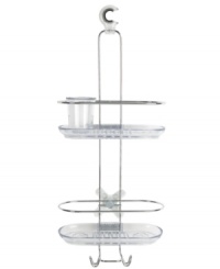 Oxo's 2 Tier Shower Caddy provides ample space for all your shower essentials, featuring two trays that accommodate tall bottles in upright and upside down position so you don't waste a drop of your shampoos, conditioners and more. Two hooks at the bottle are perfect for washcloths and loofahs while catch-all cups snap into either tray to hold smaller items. The pivoting hook holds the caddy securely and will fit on most pipes. Oxo's 2 Tier Shower Caddy provides ample space for all your shower essentials, featuring two trays that accommodate tall bottles in upright and upside down position so you don't waste a drop of your shampoos, conditioners and more. Two hooks at the bottle are perfect for washcloths and loofahs while catch-all cups snap into either tray to hold smaller items. The pivoting hook holds the caddy securely and will fit on most pipes.
