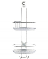 Oxo's 2 Tier Shower Caddy provides ample space for all your shower essentials, featuring two trays that accommodate tall bottles in upright and upside down position so you don't waste a drop of your shampoos, conditioners and more. Two hooks at the bottle are perfect for washcloths and loofahs while catch-all cups snap into either tray to hold smaller items. The pivoting hook holds the caddy securely and will fit on most pipes.