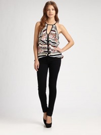 An eye-popping print adds just the right graphic touch to this skin-baring cutout halter style.JewelneckCut-out bodiceSleevelessRuffled overlayAbout 26 from shoulder to hemPolyesterDry cleanImportedModel shown is 5'10 (177cm) wearing US size Small. An eye-popping print adds just the right graphic touch to this skin-baring cutout halter style.JewelneckCut-out bodiceSleevelessRuffled overlayAbout 26 from shoulder to hemPolyesterDry cleanImportedModel shown is 5'10 (177cm) wearing US size Small.