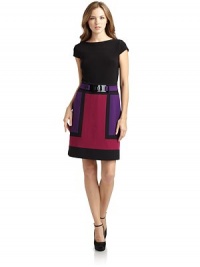 THE LOOKSolid jersey bodiceTextured colorblock skirtJewelneckCap sleevesRemovable contrast belt with buckleSide zipperTHE FITAbout 35 from shoulder to hemTHE MATERIALPolyester/spandexFully linedCARE & ORIGINDry cleanImportedModel shown is 5'9 (175cm) wearing US size 4. THE LOOKSolid jersey bodiceTextured colorblock skirtJewelneckCap sleevesRemovable contrast belt with buckleSide zipperTHE FITAbout 35 from shoulder to hemTHE MATERIALPolyester/spandexFully linedCARE & ORIGINDry cleanImportedModel shown is 5'9 (175cm) wearing US size 4.