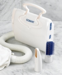 Don't damage your hair with ordinary hair dryers, try the superior Conair soft bonnet dryer! Features concentrator nozzle for precision styling and extra large bonnet that fits jumbo rollers. Vent brush for curling power. Includes extra-long 4' hose and purse-shaped case. Limited two year warranty. Model SB1. Don't damage your hair with ordinary hair dryers, try the superior Conair soft bonnet dryer! Features concentrator nozzle for precision styling and extra large bonnet that fits jumbo rollers. Vent brush for curling power. Includes extra-long 4' hose and purse-shaped case. Limited two year warranty. Model SB1.