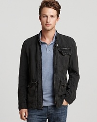Crafted in lightweight linen for a relaxed, comfortable feel, this super-cool jacket has a wear-me-anytime vibe and rugged appeal with a little edginess to boot. Crafted in lightweight linen for a relaxed, comfortable feel, this super-cool jacket has a wear-me-anytime vibe and rugged appeal with a little edginess to boot.