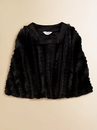 A fancy, faux fur topper with satin trim, bow and front hook closure.Round collarSleevelessFront hookWelt pocketPolyesterMachine washImported A fancy, faux fur topper with satin trim, bow and front hook closure.Round collarSleevelessFront hookWelt pocketPolyesterMachine washImported