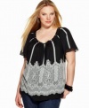 Elementz Plus Size Top, Short Sleeve Printed Peasant Black Size 2x