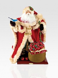 Exquisitely crafted by hand of fabric and wood, this rustic, woodland Santa, draped in fur, with a soft flowing beard, is a keepsake indeed, to become a treasured part of your holiday decor for years to come.Handmade and hand-paintedFabric and woodStands on a polished wood base24HImported