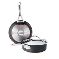 This Nouvelle cookware collection from Anolon features hard-anodized construction in a versatile, elegant shape for perfectly even heating and exceptional cooking performance. Each piece is designed with a double full cap base with a copper core for optimum heat control, and two layers of ultradurable aluminum. A magnetized stainless-steel base makes the cookware suitable for all stovetops, including induction. Restaurant-tested Autograph® 2 nonstick interiors ensure easy, clean release, and cast stainless-steel handles secured with sturdy dual rivets make each piece easy to maneuver and transport. This Nouvelle cookware collection from Anolon features hard-anodized construction in a versatile, elegant shape for perfectly even heating and exceptional cooking performance. Each piece is designed with a double full cap base with a copper core for optimum heat control, and two layers of ultradurable aluminum. A magnetized stainless-steel base makes the cookware suitable for all stovetops, including induction. Restaurant-tested Autograph® 2 nonstick interiors ensure easy, clean release, and cast stainless-steel handles secured with sturdy dual rivets make each piece easy to maneuver and transport.