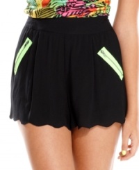 Bright zipper panels add tropical pop to a pair of scalloped shorts from Material Girl! Pair the bottoms with a bold top for a look that puts you in a getaway state of style! Bright zipper panels add tropical pop to a pair of scalloped shorts from Material Girl! Pair the bottoms with a bold top for a look that puts you in a getaway state of style!
