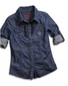 GUESS Kids Girls Big Girl Rolled Sleeves Denim Shirt, DARK STONE WASH (7/8)