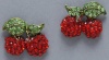 Glamorous Large 3/4 Gold Plated Sparkling Juicy Red Crystal Cherry Charm Stud Earrings with Green Crystal Leaves
