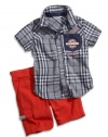 GUESS Kids Boys Baby Boy Plaid Shirt & Pull-On Short, NAVY (12M)