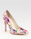 Painted florals in vivid spring hues adorn this patent leather silhouette, with a classic point toe. Self-covered heel, 4¼ (110mm)Printed patent leather upperPoint toeLeather lining and solePadded insoleImportedOUR FIT MODEL RECOMMENDS ordering one size up as this style runs small. 