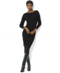 Crafted in a luxe silk blend, Lauren Ralph Lauren's timeless sweater dress is updated with a boat neckline and chic dolman sleeves. Crafted in a luxe silk blend, Lauren Ralph Lauren's timeless sweater dress is updated with a boat neckline and chic dolman sleeves.