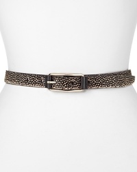 Small doses of animal print can make a major impact. Case in point: this Cole Haan leather belt, defined by exotic, printed calf hair. Small doses of animal print can make a major impact. Case in point: this Cole Haan leather belt, defined by exotic, printed calf hair.