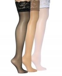 Wrap your legs in romance. Silky smooth thigh-highs by Berkshire feature a stay-in-place lace top. Wrap your legs in romance. Silky smooth thigh-highs by Berkshire feature a stay-in-place lace top.