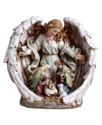 A peaceful guardian angel looks after the holy family--and your home--in this elaborately detailed nativity scene from Napco. A peaceful guardian angel looks after the holy family--and your home--in this elaborately detailed nativity scene from Napco.