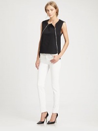 Dual asymmetrical zippers and a slight hi-lo hem renew this edgy, lightweight topper. RoundneckSleevelessDual asymmetrical zippersHi-lo hemFully linedAbout 23 from shoulder to hem98% cotton/2% LycraDry cleanImportedModel shown is 5'10 (177cm) wearing US size 2. Dual asymmetrical zippers and a slight hi-lo hem renew this edgy, lightweight topper. RoundneckSleevelessDual asymmetrical zippersHi-lo hemFully linedAbout 23 from shoulder to hem98% cotton/2% LycraDry cleanImportedModel shown is 5'10 (177cm) wearing US size 2.