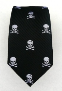 100% Silk Woven Black Skull and Crossbones Skinny Tie