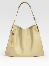 Rich leather finished with a chain strap and tassel detail.Shoulder strap, 10 dropTop snap closureOne inside zip pocketTwo inside open pocketsNatural linen lining15W X 13H X 2DMade in Italy Rich leather finished with a chain strap and tassel detail.Shoulder strap, 10 dropTop snap closureOne inside zip pocketTwo inside open pocketsNatural linen lining15W X 13H X 2DMade in Italy
