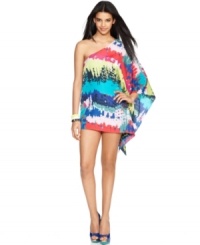 Drenched in scorching hot colors and designed with a dramatic, asymmetrical sleeve, this one-shoulder dress from MM Couture masters poolside, destination style! Drenched in scorching hot colors and designed with a dramatic, asymmetrical sleeve, this one-shoulder dress from MM Couture masters poolside, destination style!