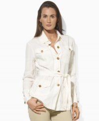 Safari-inspired styling combines with a breezy linen construction to create Lauren by Ralph Lauren's elegant belted jacket. Safari-inspired styling combines with a breezy linen construction to create Lauren by Ralph Lauren's elegant belted jacket.