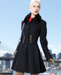 The charm of Betsey Johnson's coat is all in the details! A corset-inspired waist features luxe goldtone hardware for a feminine look. The charm of Betsey Johnson's coat is all in the details! A corset-inspired waist features luxe goldtone hardware for a feminine look.