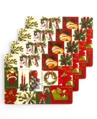 Covered in joyous symbols of the season, Holiday Vintage Paper placemats from Martha Stewart Collection evoke rich and traditional wrapping paper motifs from holidays long ago. With solid cork backing. Covered in joyous symbols of the season, Holiday Vintage Paper placemats from Martha Stewart Collection evoke rich and traditional wrapping paper motifs from holidays long ago. With solid cork backing.