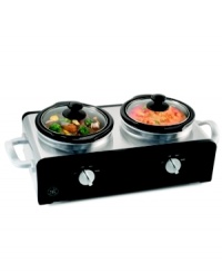 Cooking for two just took on a whole new meaning! This double slow cooker features two 1.5 quart stoneware pots with individual temperature controls that allow you to multi-task with ease. Fill one pot with a hearty stew and the other with tender, succulent meat and let the cooker do the rest, creating two mouthwatering dishes at once! 1-year warranty. Model 13493. Cooking for two just took on a whole new meaning! This double slow cooker features two 1.5 quart stoneware pots with individual temperature controls that allow you to multi-task with ease. Fill one pot with a hearty stew and the other with tender, succulent meat and let the cooker do the rest, creating two mouthwatering dishes at once! 1-year warranty. Model 13493.